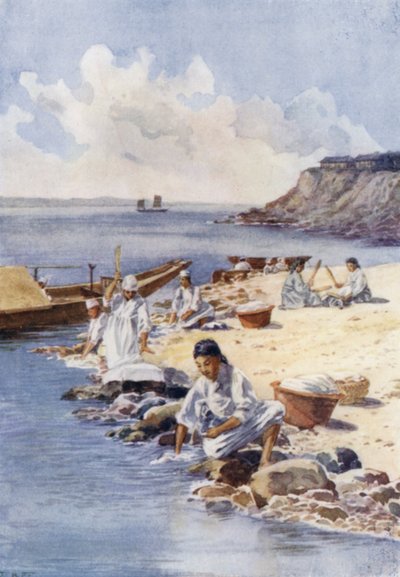 Mulheres coreanas a lavar roupa num rio (cor litho) de E.H. Fitchew