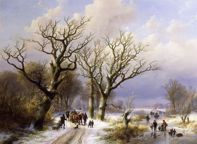 Uma paisagem de inverno arborizada com figuras, 1863 de E.J. Verboeckhoven