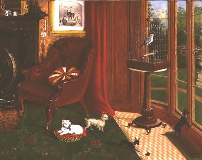 Interior com terriers e um papagaio numa gaiola de E.M. Fox