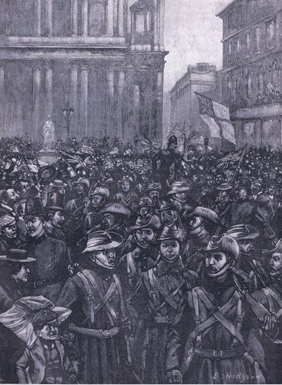 Os CIVs marchando pela Ludgate Hill, a caminho da Masion House até a estação de Waterloo, ilustração daCassells History of England, 1900s de E.S. Hodgson