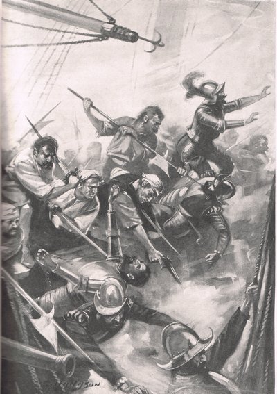 Os ingleses repelindo os espanhóis em San Juan de Ulua, ilustração de "Batalhas britânicas na terra e no mar", publicado por Cassell, Londres, c.1915 de E.S. Hodgson