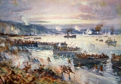 The Landing of the Australians at Gallipoli, abril de 1915 (cor litho) de E.S. Hodgson