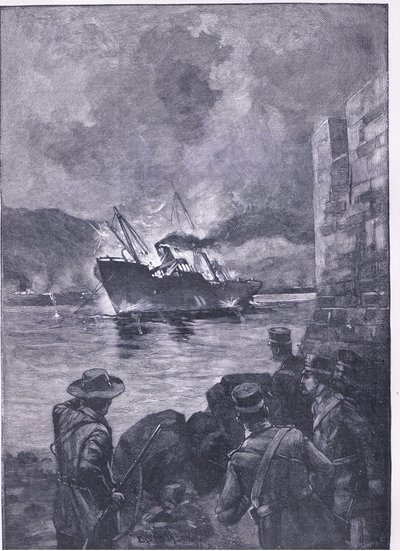 A Guerra Espanhola Americana: O naufrágio do Merrimac, ilustração deCassells História da Inglaterra, de 1900 de E.S. Hodgson