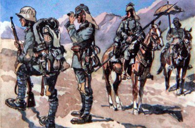 Fardas alemãs de 1917, frente macedónia (cor litho) de E. (after) Dobrich
