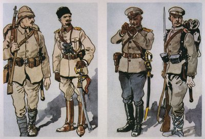 Oficial de Infantaria Turca (esquerda) e Oficial de Infantaria Búlgara e Soldado raso de 1917 (direita) de 1917 (cor litho) de E. (after) Dobrich
