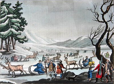 Tungus deixando seu acampamento de inverno em trenós puxados por renas, c.1820 (gravura colorida) de E. (after) Karnejeff