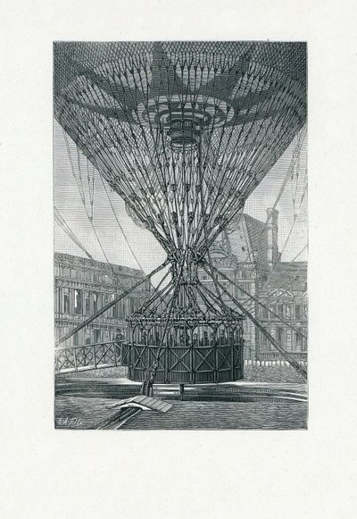 Plataforma de visualização panorâmica usando um balão de ar quente, pub. c.1880 (gravura do bw) de E. A. Tilly