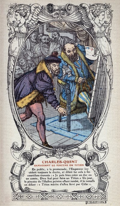 Carlos V pega no pincel de Ticiano de E. Blanche