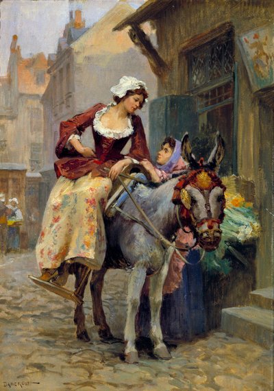 O pequeno burrinho. Uma mulher a montar uma amazona num burro, pés numa ranhura adequada. Pintura de E. Dameron (século XVIII) Colecção privada de E. Dameron