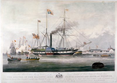 Rainha Victoria e Príncipe Albert chegando ao Royal Dockyard, Woolwich, Kent, 1843 de E Duncan