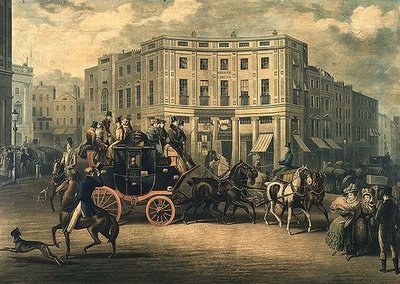 "The Age" Brighton Coach at the Bull and Mouth, Regent Circus (gravura) de E. F. Lambert