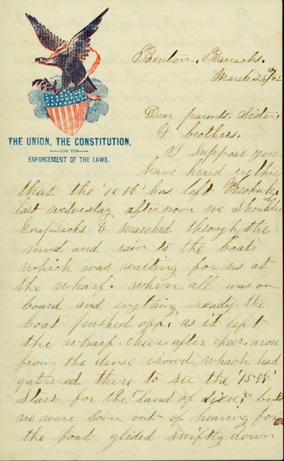 Carta assinada por E.G. Black, Benton Barracks, Mo., aos seus pais, irmã e irmãos, 28 de março de 1862 de E. G. Black