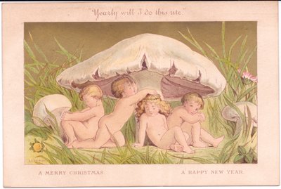 Um cartão de Natal e Ano Novo vitoriano de um grupo de crianças fadas relaxando sob um cogumelo, tudo sobre um fundo dourado, de Gertude Thompson, c.1895 (cor litho) de E. Gertrude Thompson