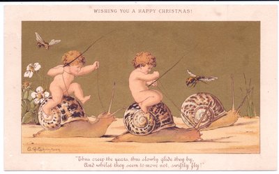 Um cartão de Natal vitoriano de dois bebês nus montados em caracóis escoltados por vespas contra um fundo dourado, c.1895 (lito colorido) de E. Gertrude Thompson