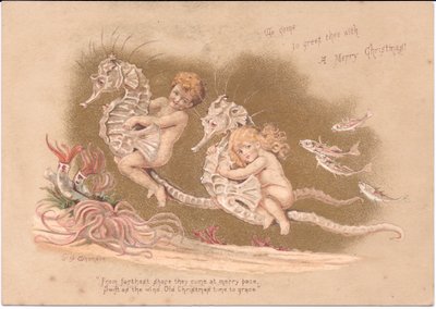 Um cartão de Natal vitoriano de dois bebés de água montando um cavalo marinho com anémonas do mar e um cardume de peixes, de Gertude Thompson, c.1895 (cor litho) de E. Gertrude Thompson