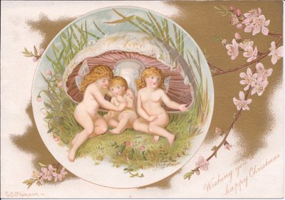 Um Natal vitoriano de um grupo de fadas que se abrigam da chuva sob um cogumelo, por Gertrude Thompson, c.1895 (cor litho) de E. Gertrude Thompson