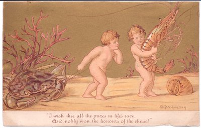 Um cartão vitoriano de dois bebês de água por um pedaço de corda, com um caracol e coral no fundo do mar, tudo contra um fundo dourado, por Gertude Thompson, c.1895 (lito a cores) de E. Gertrude Thompson