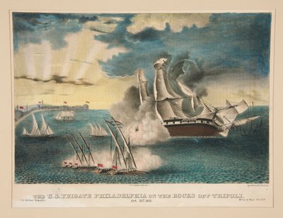 A Fragata Filadélfia dos EUA nas rochas ao largo de Trípoli (da revista militar norte-americana Exército e Marinha, Vol. II) de E. J. Pinkerton