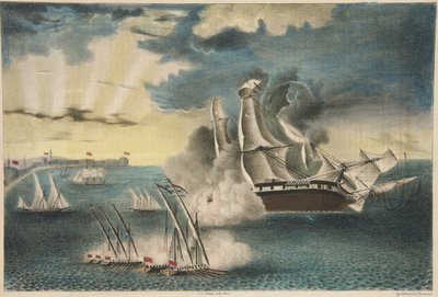 Os Estados Unidos Fragata Filadélfia nas rochas ao largo de Trípoli da Army and Navy Magazine, pub. 1840 (litogaph a cores) de E. J. Pinkerton