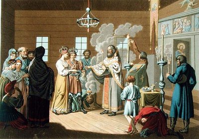O Casamento Russo, gravado por X. Wagner (cor litho) de E. Karnejeff