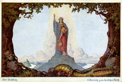 História. União da Áustria e Alemanha. Alegoria de E. Kutzer, Áustria, c.1920 (cartão postal) de E. Kutzer