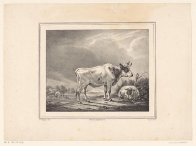 Vaca em pé e ovelhas deitadas na paisagem de E. L. Huygens (possibly)