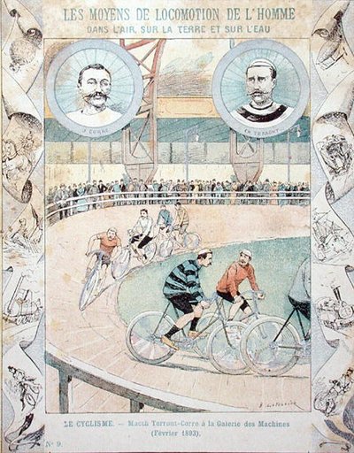 Charles Terront (1857-1932) e Jules Corre na Galerie des Machines em Fevereiro de 1893, a partir de um livro escolar (cor litho) de E. Letellier