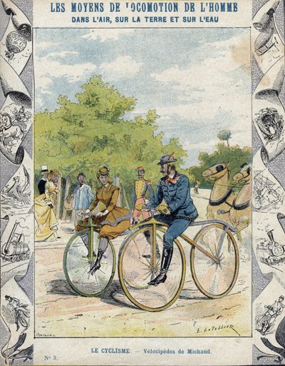Pierre Michaux e Michaudine velocipedes - De uma manga protectora para livros escolares, finais do século XIX - velocipedes a pedale (les michaudines) por Pierre Michaux (1813-1883) de E. Letellier
