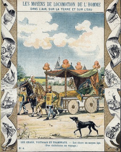 Tanques na Idade Média - A Chatelaine en voyage - ilustração de E Letellier - Protege caderno histórico, final do século XIX de E. Letellier