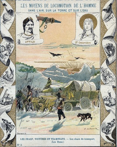 Tanques de transporte - Os Hunos de Átila (ca. 395-453) - Invasões bárbaras - ilustração de E Letellier - Protege caderno histórico, final do século XIX - de E. Letellier