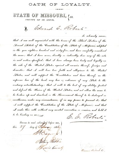 Juramento de lealdade de Edward E. Roberts do Missouri, Condado de St. Louis de E. Roberts