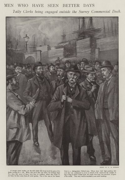 Homens que já viram dias melhores: contabilistas a serem contratados fora da Doca Comercial de Surrey, Londres (litho) de E. S. (after) Hodgson