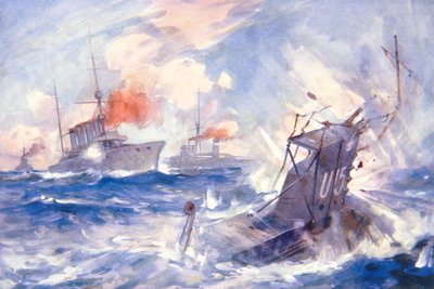 The Sinking of the German Submarine U15 by HMS Birmingham (cor litho) de E. S. (after) Hodgson