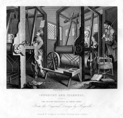 Os colegas aprendizes em seus teares, placa I da Indústria e Ociosidade, 1833. de E. Smith