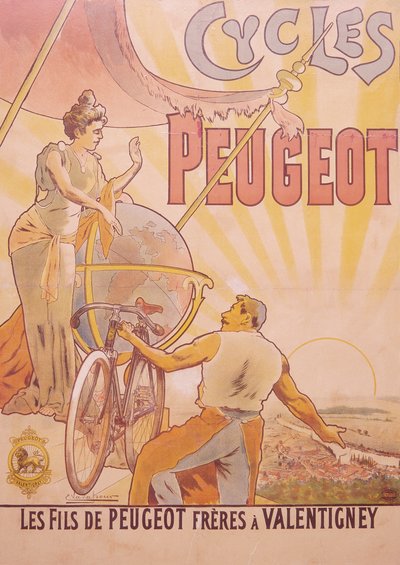 Cartaz publicitário de bicicletas Peugeot, final do século XIX e início do século XX de E Vavasseur