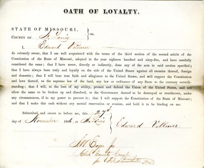 Juramento de lealdade de Edward Villmer do Missouri, Condado de St. Louis de E. Villmer