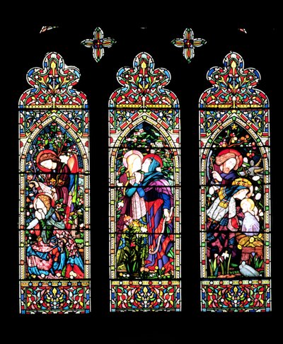 A Anunciação, a Visitação e a Natividade, feitas por Lavers e Barraud, 1860 (vitrais) (ver também 11886) de E. and Halliday, M. F. Burne Jones