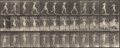 Placa número 175. Ribeira de travessia sobre alpondras com vara de pescar e lata, 1887. de Eadweard Muybridge