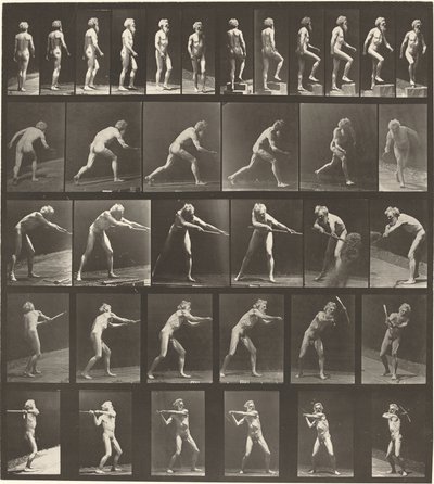 Placa número 521. A: Andando. B: Degrau ascendente. C. Disco de arremesso. D: Usando pá..., 1887. de Eadweard Muybridge