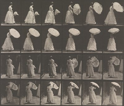 [Mulher abrindo o guarda-sol], 1883-86, impresso em 1887. de Eadweard Muybridge