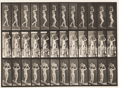 Placa 123. Inclinação Decrescente, Cesto de 20 lb na Cabeça, Mãos Levantadas, 1872-1885 de Eadweard Muybridge