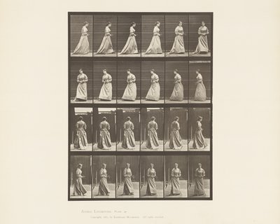 Placa 48. Andando e girando em torno do buquê em ambas as mãos, 1885 de Eadweard Muybridge