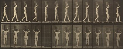 Placa número 34. Caminhando e carregando uma cesta de 15 lb. na cabeça, com as mãos levantadas,1887 (foto) de Eadweard Muybridge