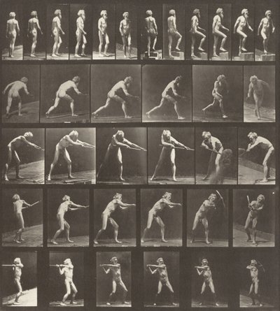 Placa número 521. A: Andando. B: Subindo um degrau. C: Jogando o disco. D: Usando uma pá. E, F: Usando uma palheta de Eadweard Muybridge