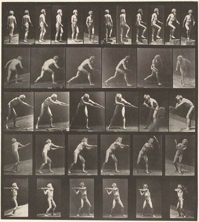Placa número 521. A: Andar a pé. B: Subir degrau. C: Atirar disco. D: Usando pá. E, F. Usando picareta,1887 (foto) de Eadweard Muybridge