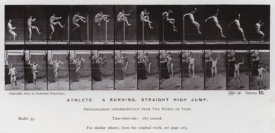 A Figura Humana em Movimento: Atleta, uma corrida, um salto em linha reta em altura (foto a p/b) de Eadweard Muybridge
