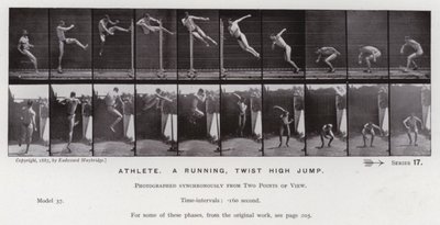 A Figura Humana em Movimento: Atleta, uma corrida, salto em altura (foto a p/b) de Eadweard Muybridge