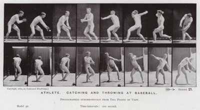 A Figura Humana em Movimento: Atleta, apanhando e atirando no beisebol (foto a p/b) de Eadweard Muybridge