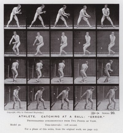 A Figura Humana em Movimento: Atleta, pegando em uma bola, "erro" (foto a p/b) de Eadweard Muybridge