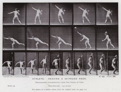 A Figura Humana em Movimento: Atleta, atirando uma pedra de 20 libras (foto a p/b) de Eadweard Muybridge